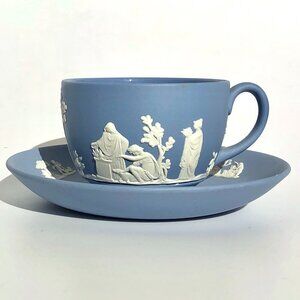 Vintage Wedgwood Blue Jasperware Cup and Saucer Cherubs Sacrifice neoclassical